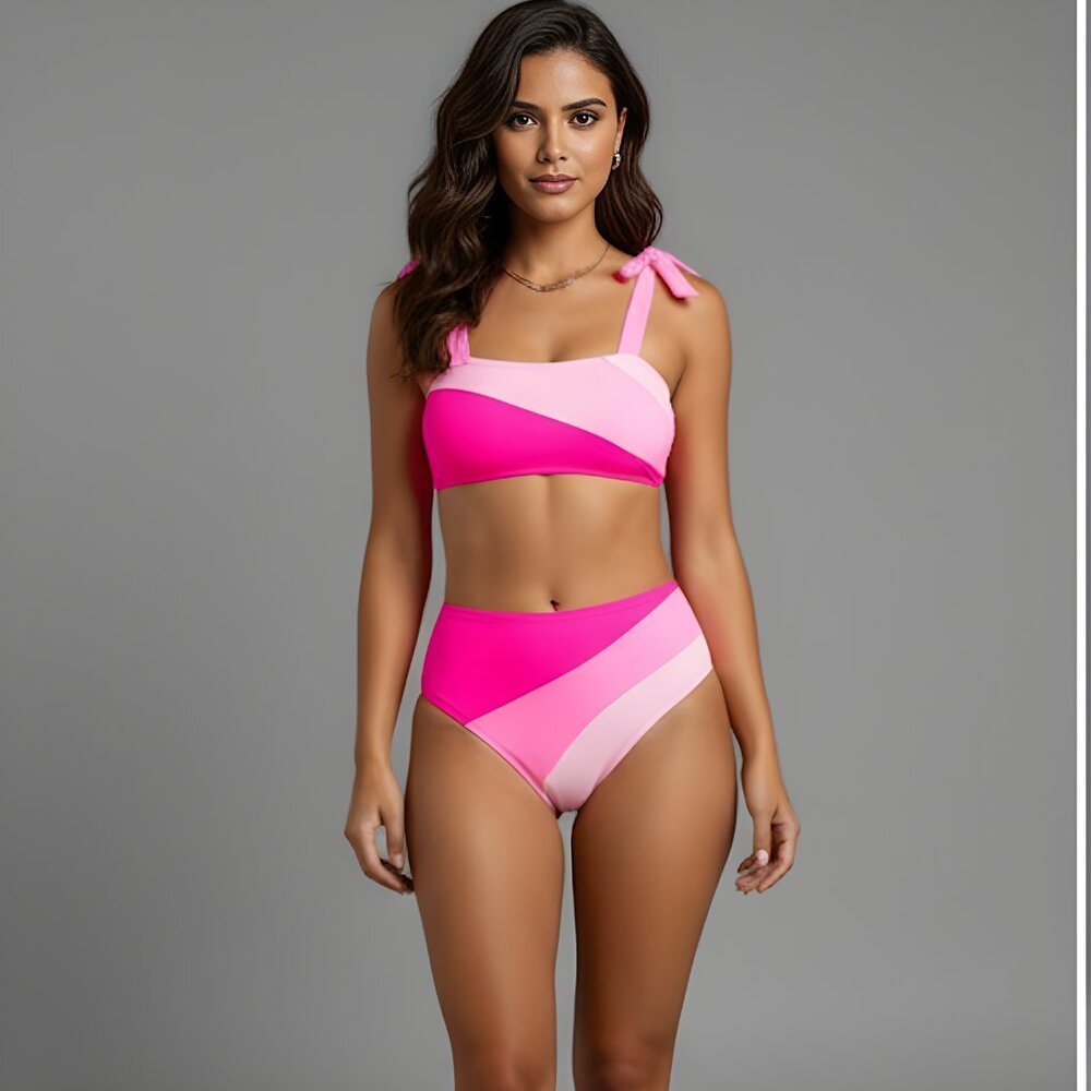 Pink Color Block Tie Shoulder Bikini Swimsuit